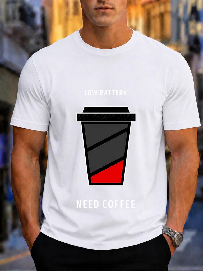 2026 New Arrival Pure Cotton Tshirt Low Battery Need Coffee Funny Coffee Cup Print Crew Neck Unisex Casual Short Sleeve