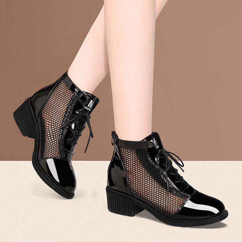 Черные сетчатые ботинки, женские ботинки на квадратном каблуке, кружевная молния сзади, искусственная кожа, мягкая кожа, новая мода, весна-осень