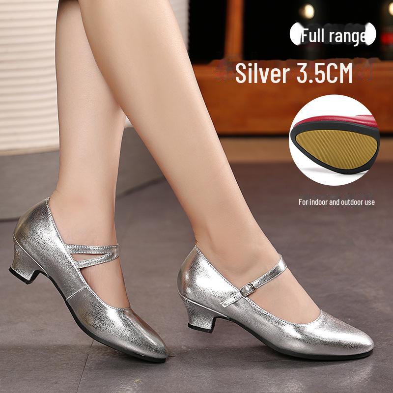 Женские туфли для латинских танцев из натуральной кожи, красная воловья кожа, мягкая подошва, средний/высокий каблук, стиль Square Dance.