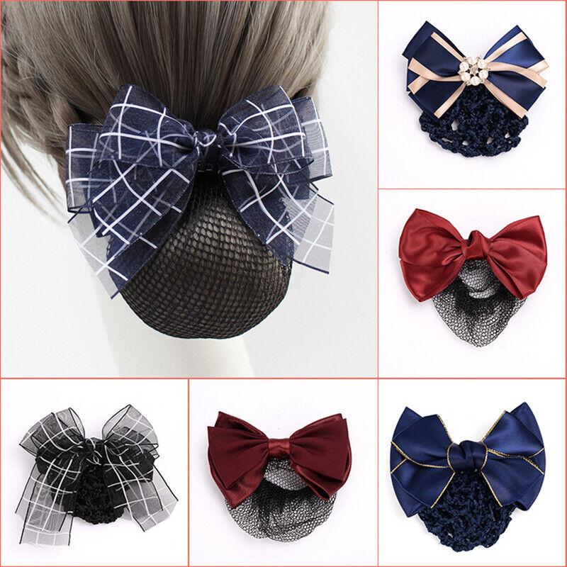 Women Satin Hair Clip With Net Bun Cover Bow Barrette Snood Hairnet Accessory