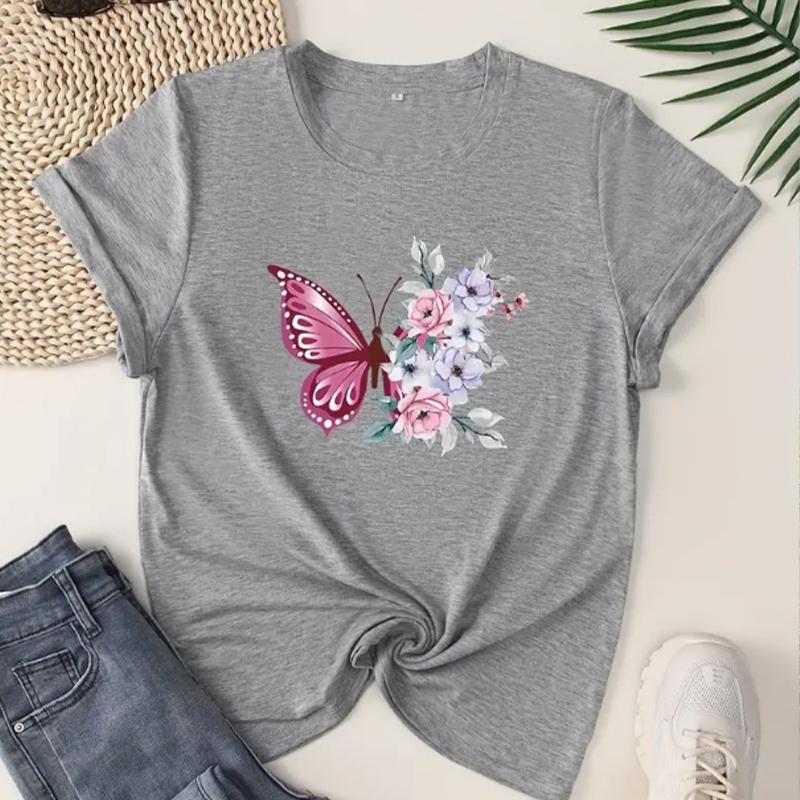 Butterfly & Floral Sprint Crew Neck T-shirt Casual Short Sleeve T-shirt For Spring & Summer Women's Clothing