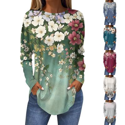 Женская свободная футболка с длинным рукавом с круглым вырезом и принтом, верхний пуловер