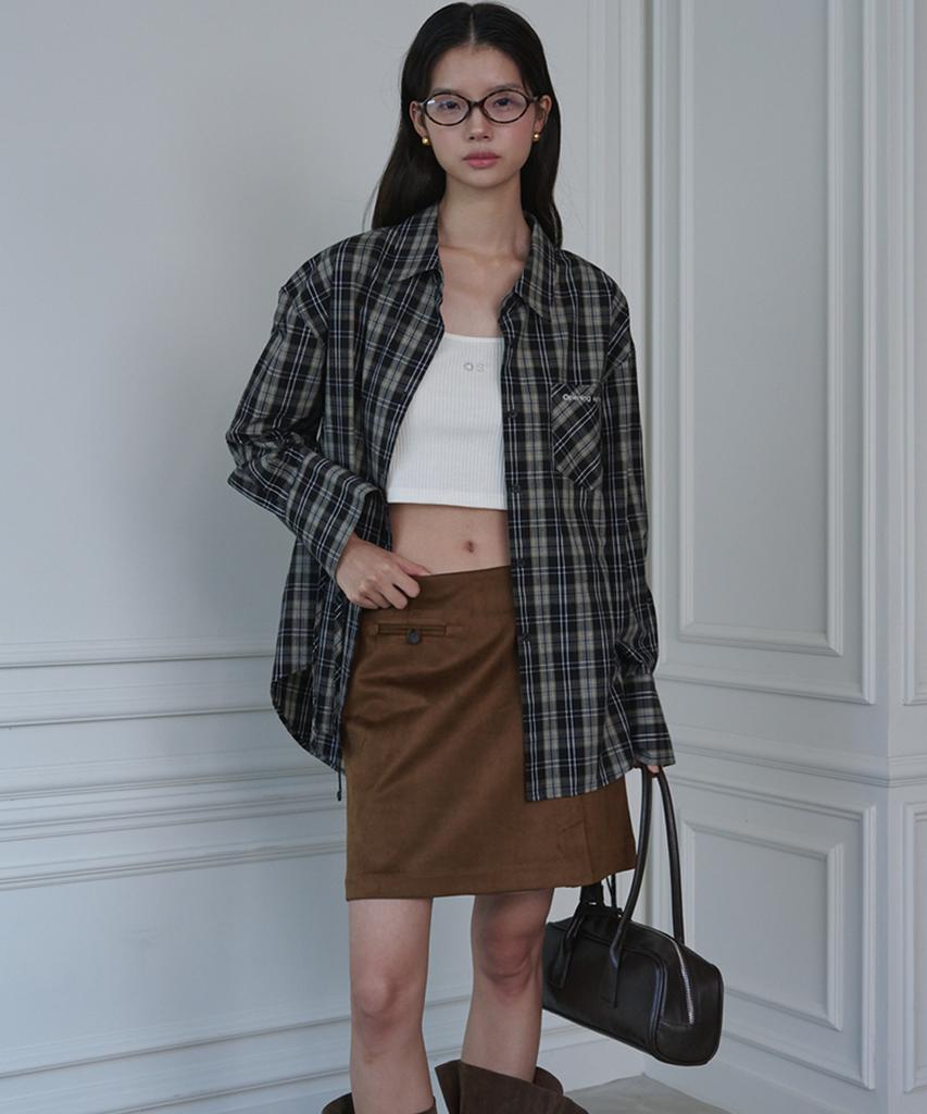 OPENING SUNSHINE Ribbon Detail Oversized Cotton Shirt_Check Black
