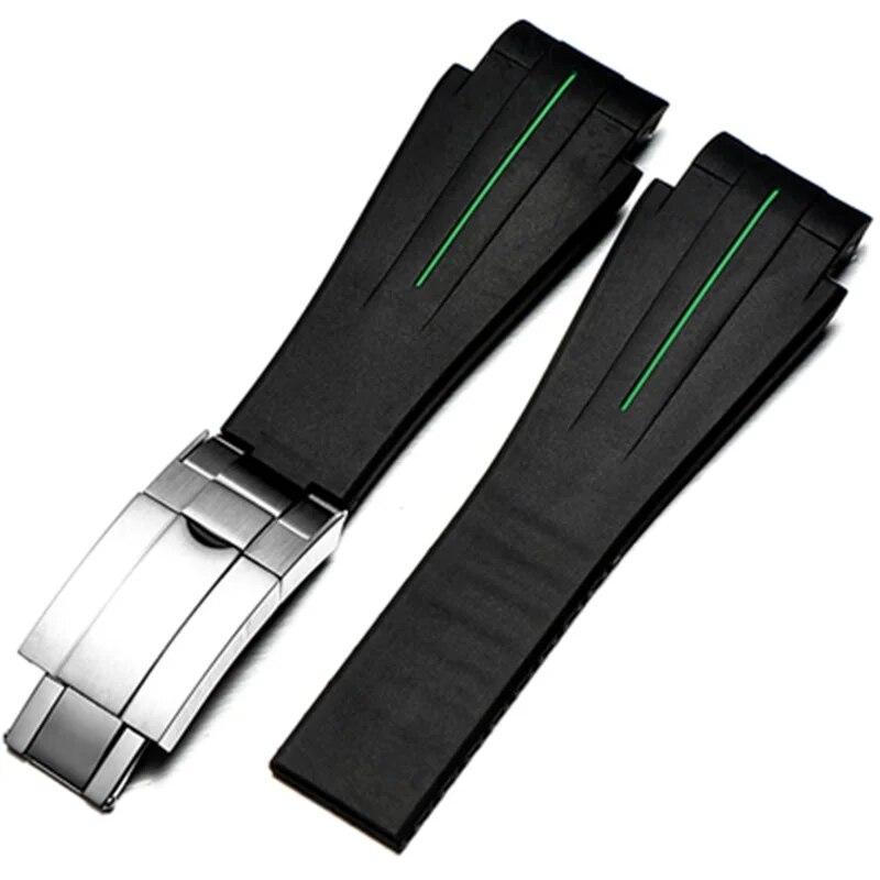 21mm Black Rubber Watchbands Silicone Strap Deployment Clasp Folding Buckle Fits For Rolex Yacht Master Oysterflex