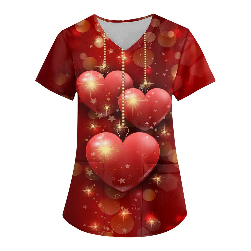 Женская модная рабочая одежда с v-образным вырезом, коротким рукавом и карманом с принтом ко Дню святого Валентина