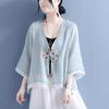 2024 Spring/Summer Diamond Flower Ribbon Single Button 3/4 Sleeve Cotton-Linen Layered Cardigan - Chinese Retro Tea Style