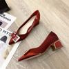 2025 New High Heels Women's Korean Version Shallow Mouth Women's Thick Heel Single Shoes Satin Temperament Shoes Rhinestone Square Buckle Shoes Women