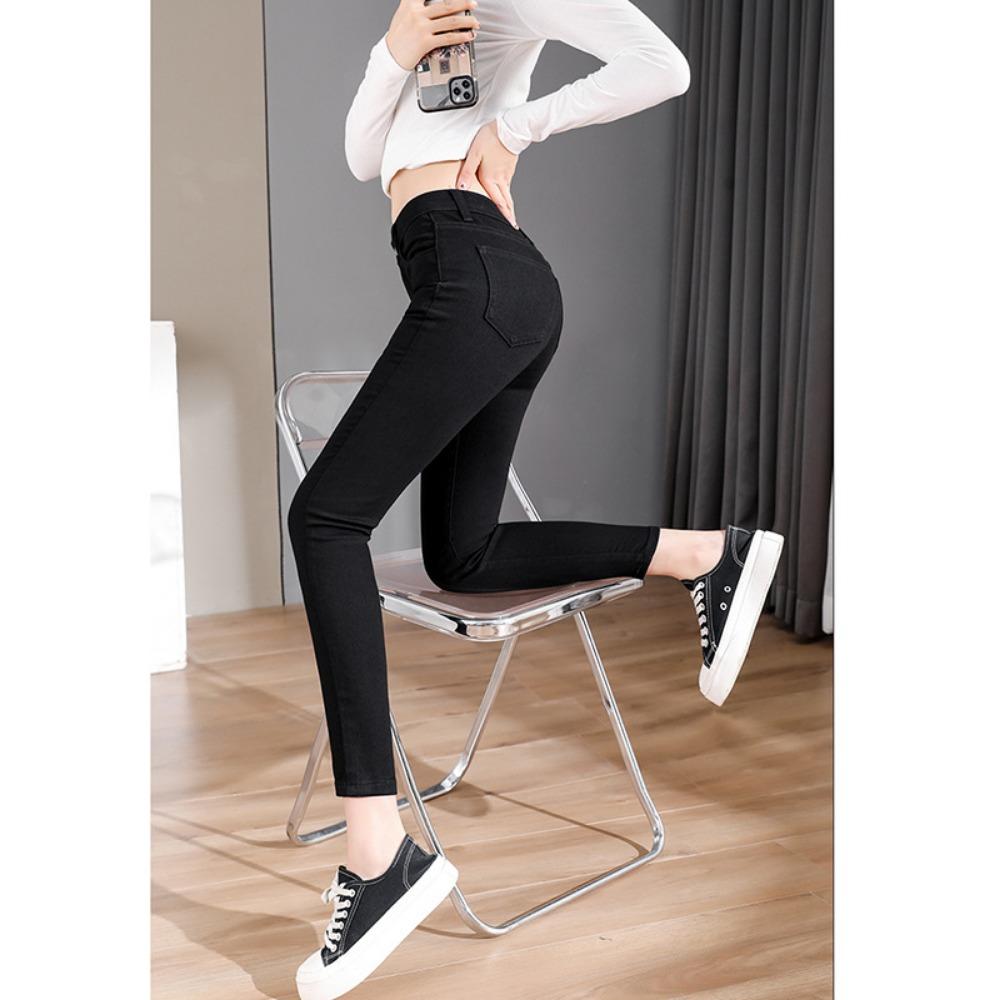 Весенне-осенние новые эластичные простые джинсы скинни с узким низом женские с высокой посадкой тонкие корейская версия джинсы-карандаш