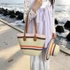 Women Large Capacity Woven Bucket Bag Single Shoulder Handbag Color Block Fashion Beach Bag