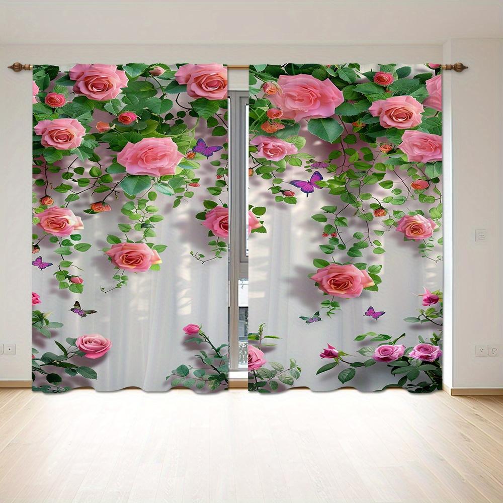Комплект из 2 предметов, розовые розы и бабочки, шторы с карманами на штанге, для легкого подвешивания в спальне, гостиной, жалюзи, окна