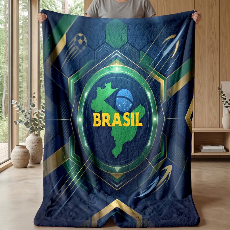 Brazil Football Printed Flannel Blanket Skin Friendly Warm Decorative Throw for Indoor Couch Bed Daily Use