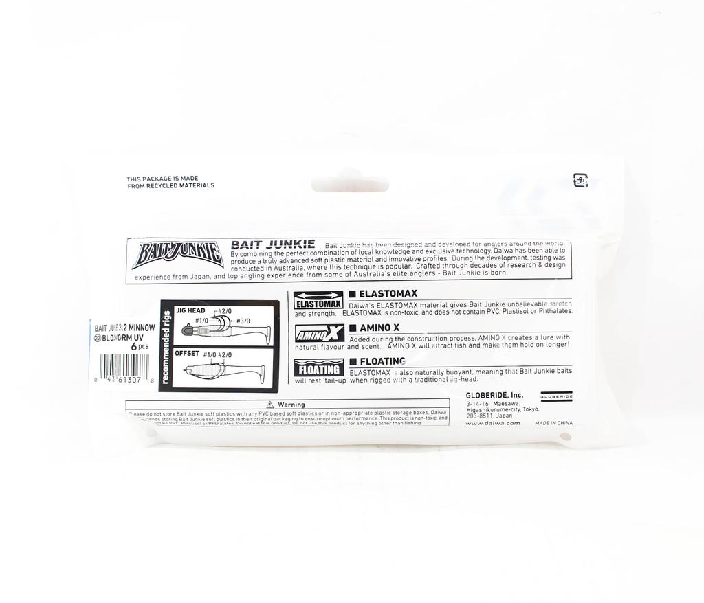 Daiwa Soft Lure Bait Junkie Minnow 3.2 Inch 6 Per Pack BloodwormUV (3078)