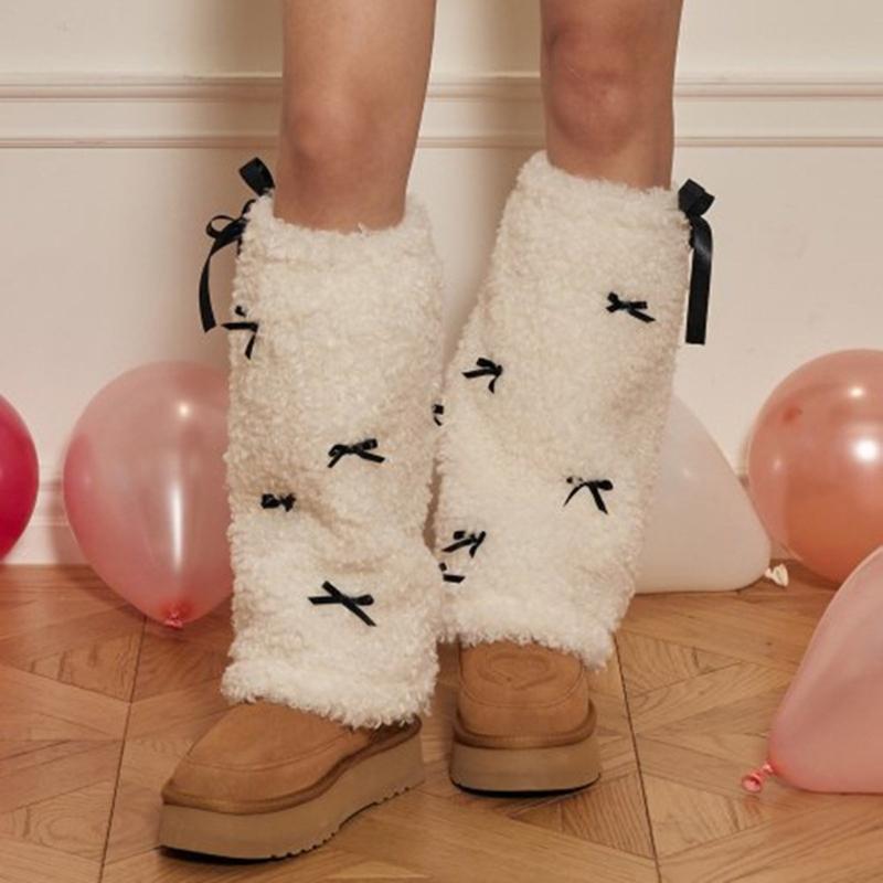 Bow Furs Leg Warmer Winter Furry Long Boot Cuffs Fuzzy Shoe Cover Party Costume for Holiday Festival Performances Play
