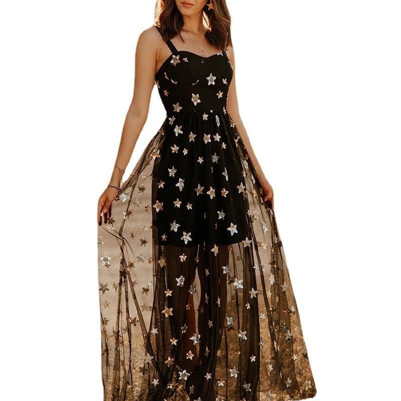 Summer new European and American women's clothing ebay five-pointed star mesh suspender perspective dress temperament dress
