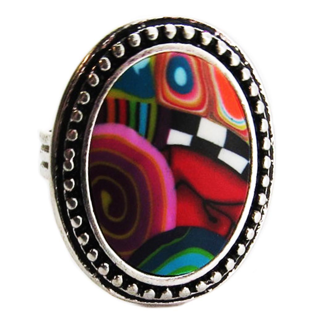 Les Trésors De Lily [R1318] - Artisanal Ring 'Columbine & Harlequin' Multicolored Silver - 27x22 Mm