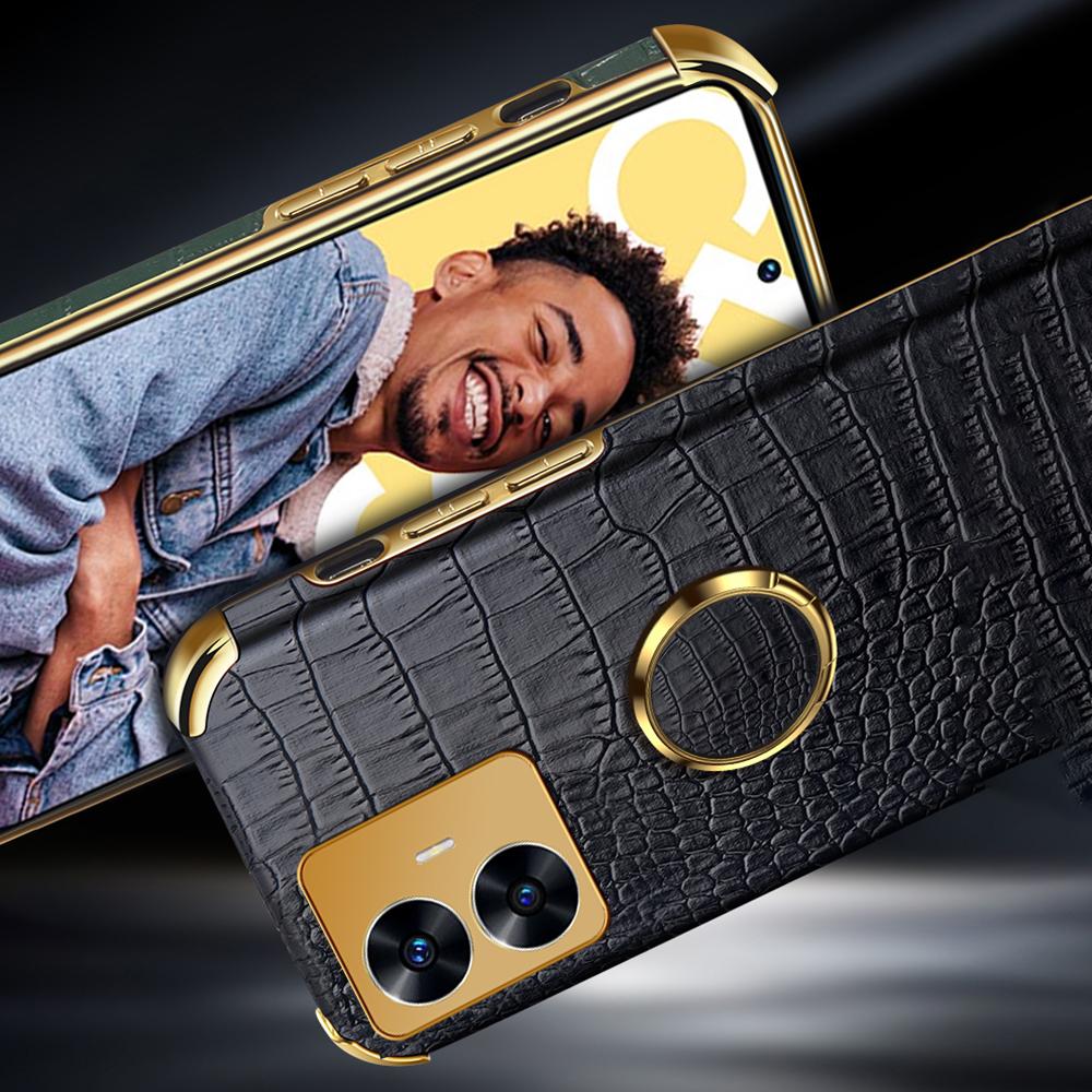 Кожаный чехол с 6D покрытием под крокодила для Realme 11 Pro Plus C55 C35, мягкий чехол-держатель с магнитным кольцом и подставкой
