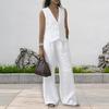 2 Pcs/Set Women Vest Pants Suit Deep V Neck Sleeveless Solid Color Top High Waist Wide Leg Trousers Casual Outfit OL Office Summer Clothes