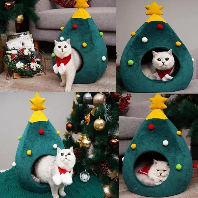 Christmas Tree Cat House,Cat Tent Cave Bed Mat,Festival Xmas Winter Warm Soft Comfortable Pet Cat Cave Bed Shape Tree Cats Nest