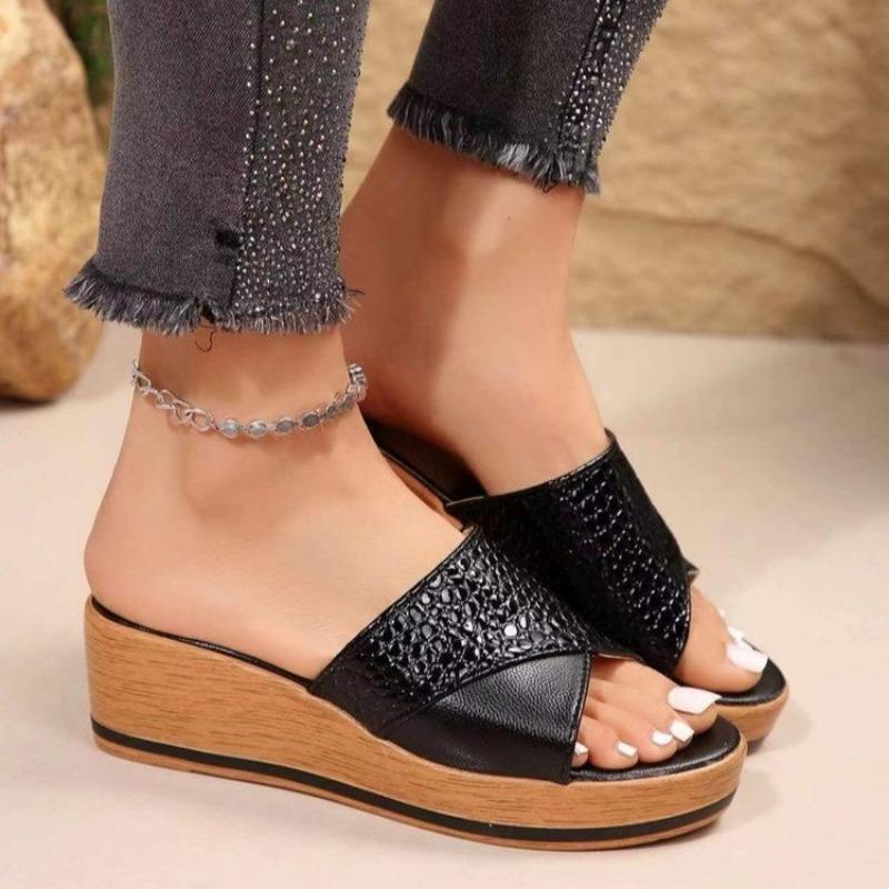 Slope Heel Slippers Women Solid Color Casual Leather Sandals