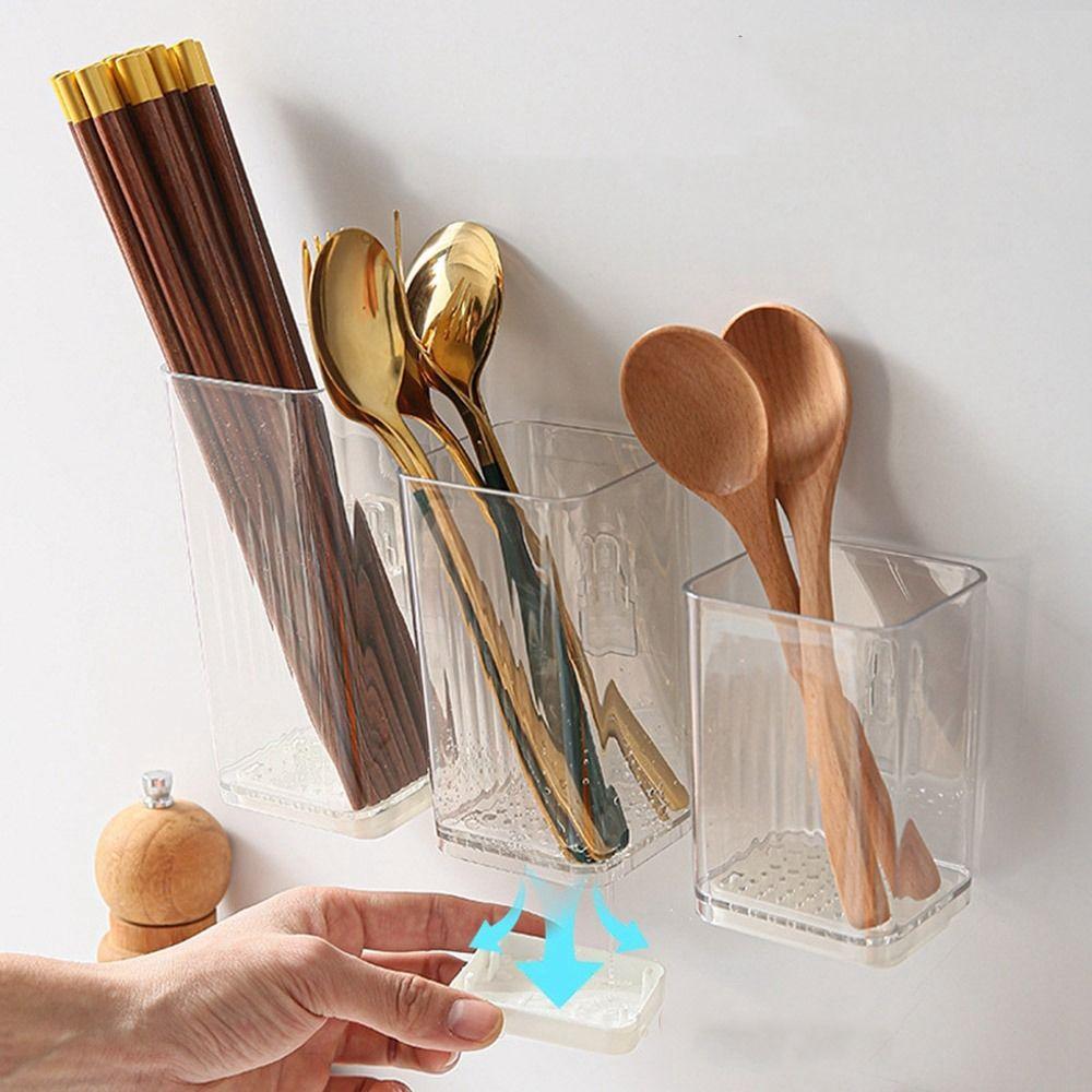 Plastic Wall Mounted Chopsticks Tube Adhesive Spoon Cutlery Organizer Bathroom