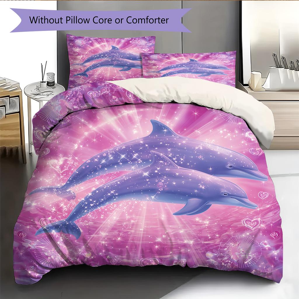 Мультяшная цветная дельфиновая постельное белье Домашний декор Подарок на день рождения (1 пододеяльник + 2 наволочки, без наполнителя)