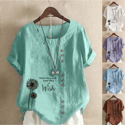 Женская летняя футболка с круглым вырезом и коротким рукавом, повседневная хлопковая льняная рубашка с рисунком, модная свободная блузка с принтом одуванчика, топы больших размеров