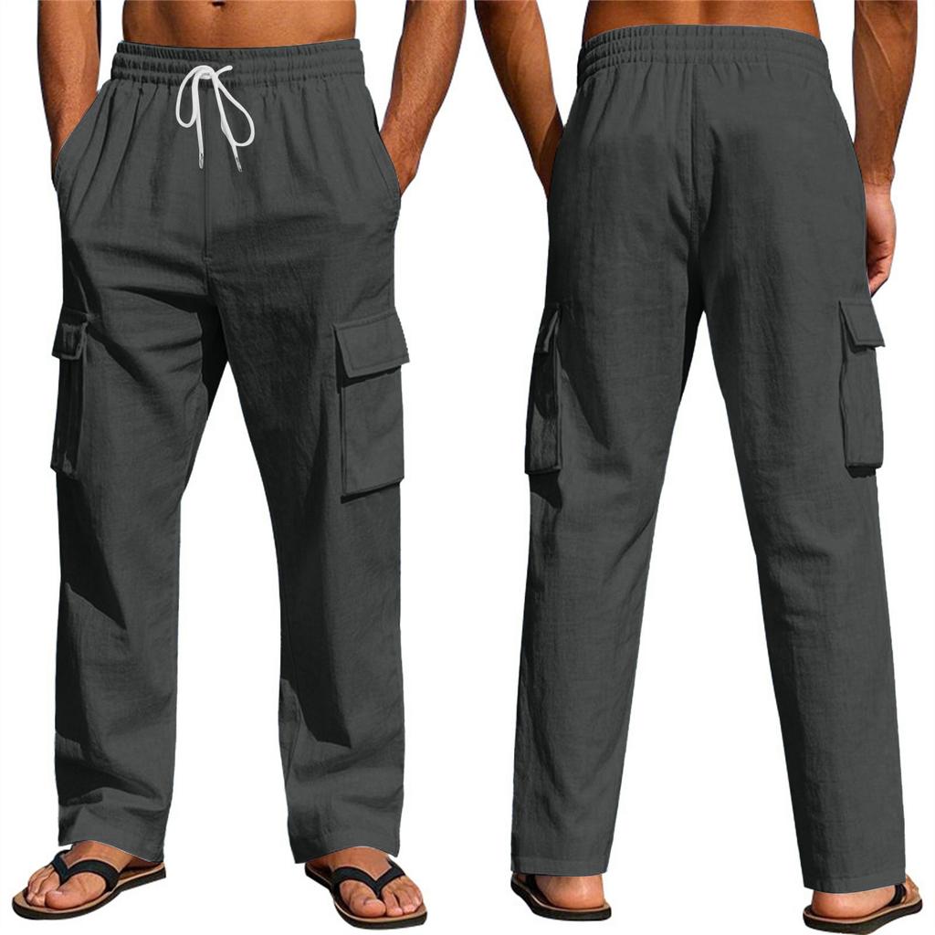 Мужские льняные брюки Four Seasons Thin Breathable Cargo Multi-pocket Loose Casual Wide Leg