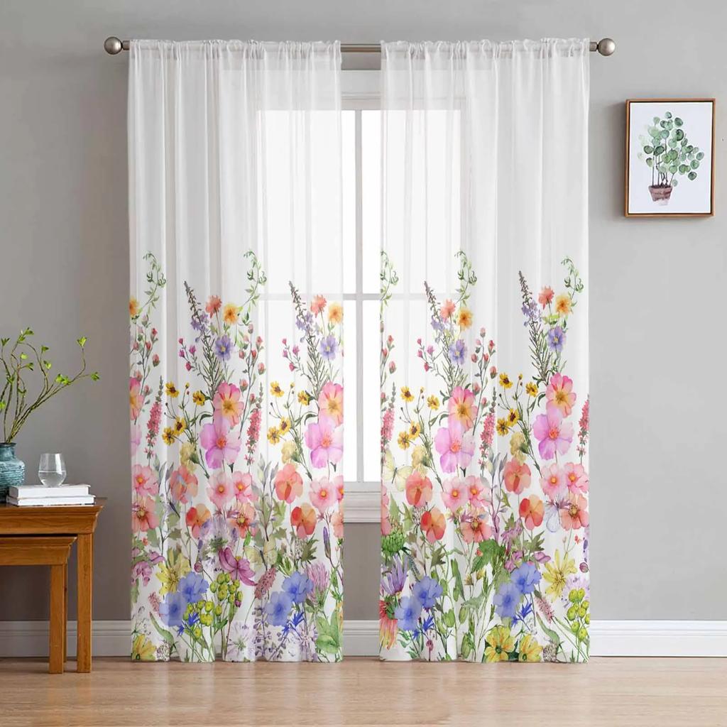 Retro Floral Wildflowers Transparent Curtains for Bed Chamber Living Room Decoration Window Panel Curtain Perfect for Cooking Area Netting Voile