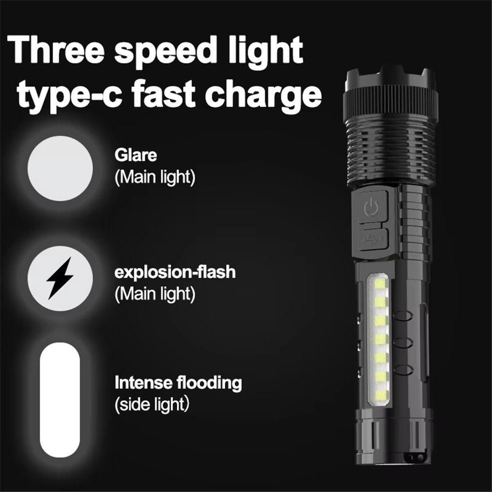Zoom Function Strong Light Flashlight with Power Display USB Charging Long Range Lamp COB Side Light Work Light Night Hiking