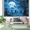 1 piece of Halloween cemetery scene backdrop fabric, featuring a full moon, tombstones and eerie tree decorations - polyester