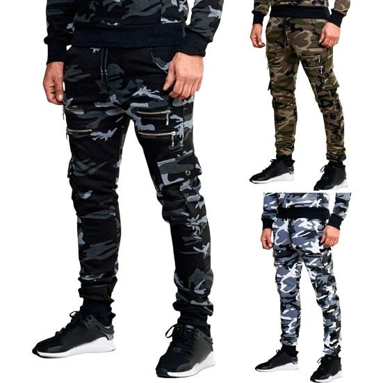 Men Cargo Pants Drawstring Elastic Waist Camouflage Print Multi Zippered Pockets Ankle-banded Slim Fit Casual Daily Wear