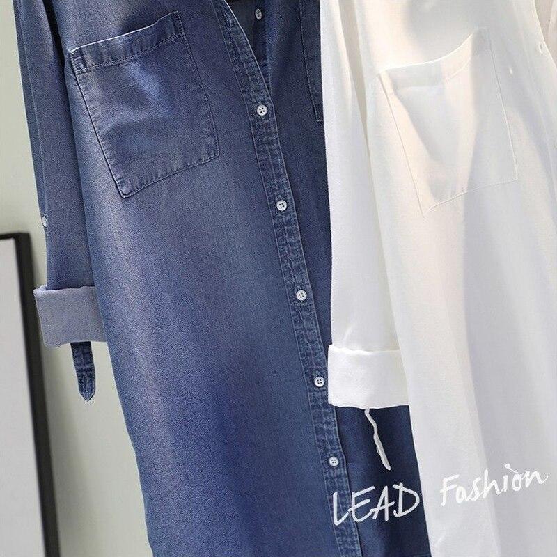 Весеннее однотонное джинсовое платье-рубашка, повседневные топы, модная рубашка с длинными рукавами и карманами для женщин, элегантная свободная одежда средней длины 24120