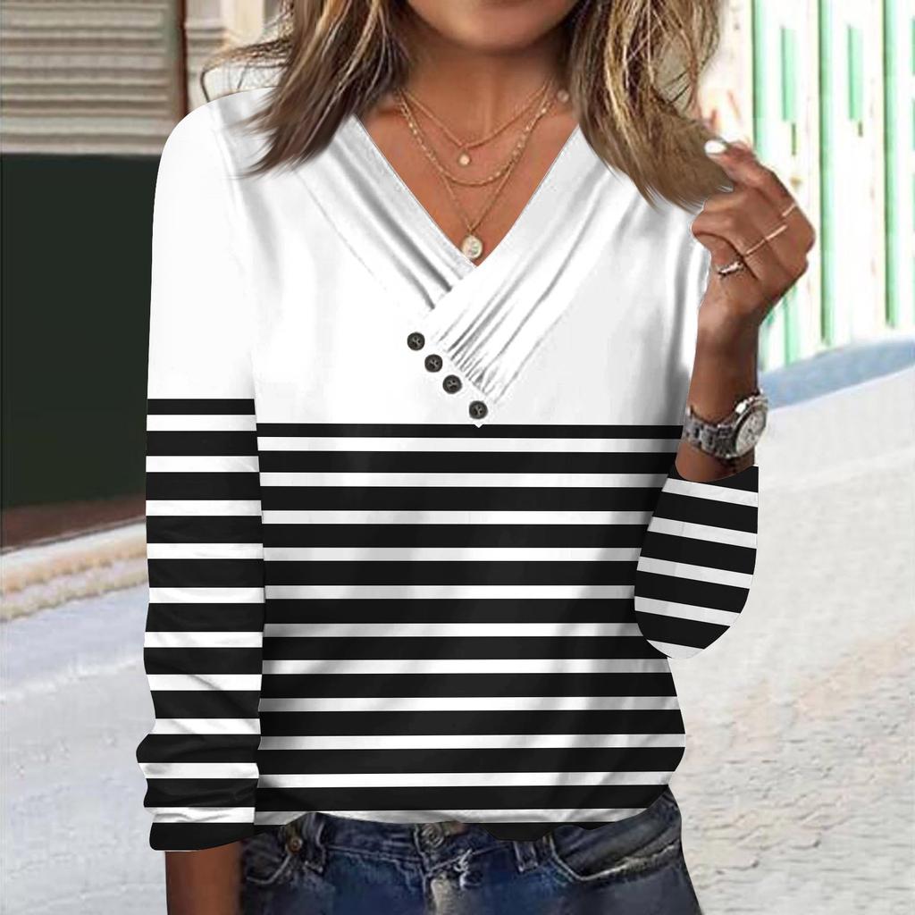 Женские топы с длинными рукавами, осенние блузки с v-образным вырезом и длинными рукавами, свободный крой, повседневные футболки с принтами на пуговицах