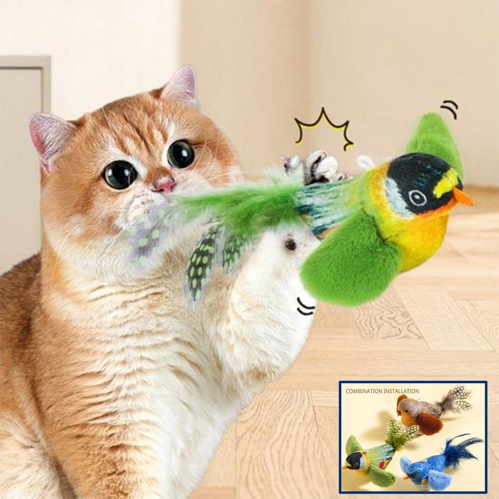 Chirping Bird Cat Toy Interactive Flapping Wings Plush Bird Toy, Elastic Rope To Relieve Boredom and Resist Scratching and Biting