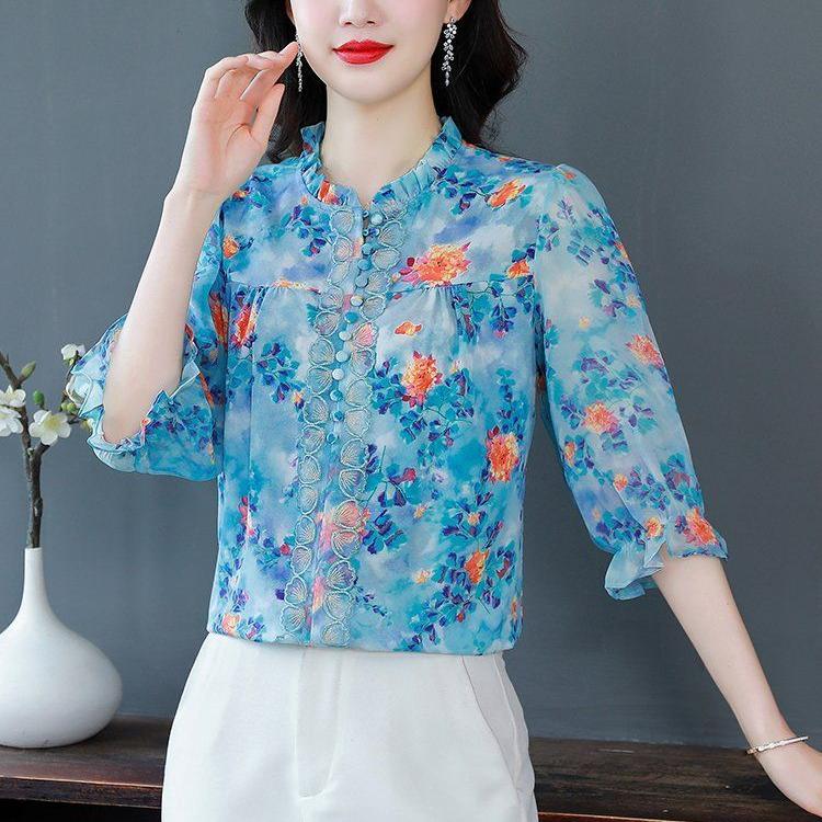 Новая летняя корейская тонкая рубашка с принтом для тяжелой промышленности, блузка с рукавами-фонариками, рубашка с половиной рукава для женских топов