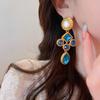 Vintage Blue Rhinestone Teardrop Earrings - Retro Luxury Court Style Geometric Studs