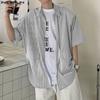INCERUN Мужские рубашки свободного покроя с коротким рукавом и лацканами на молнии, летние, в полоску, топы