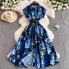 Summer Elegant Short Sleeve A Line Shirt Dresses Women's Turn Down Collar Vintage Leaves Print Runway Belt Midi Dresses