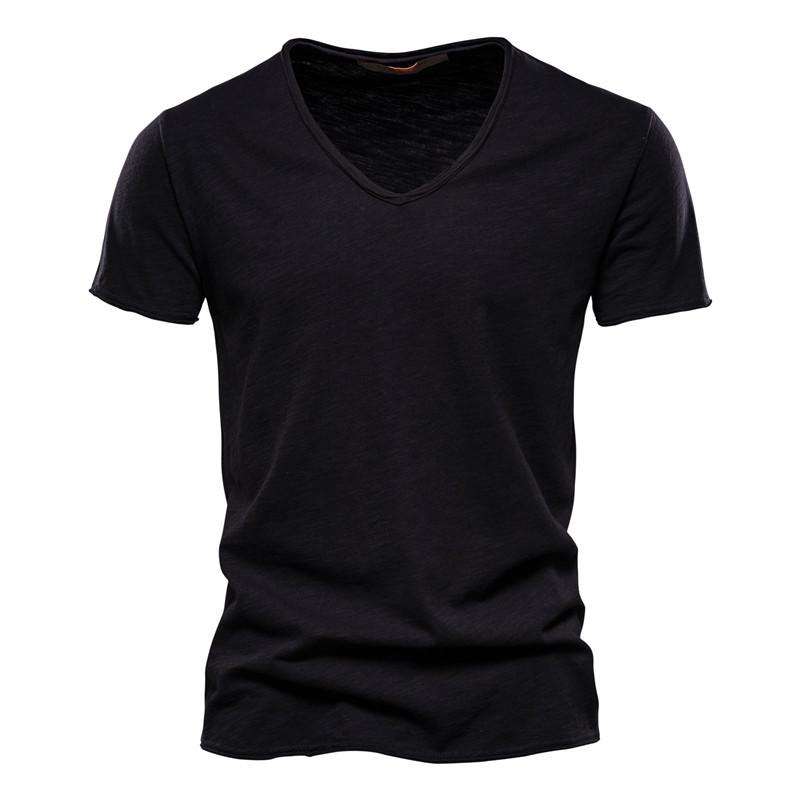 Summer Men Top Tee Solid Color Bamboo Cotton V-neck Short Sleeve T-shirt Pure Cotton Men's Clothing