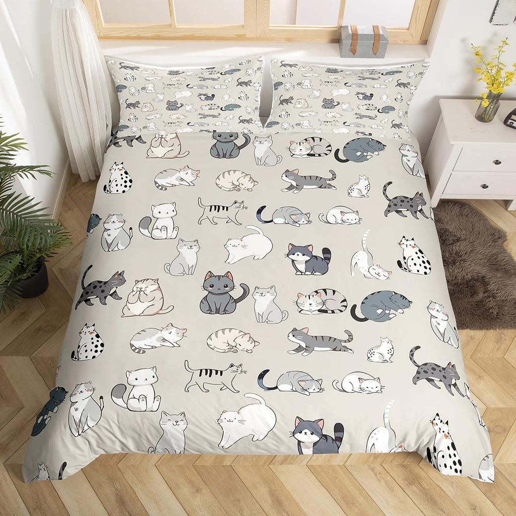 Cartoon Cat Pattern Duvet Cover Queen King Size Soft Bedding Set For Girls Toddlers Teens 3 Piece Set With 2 Pillowcases