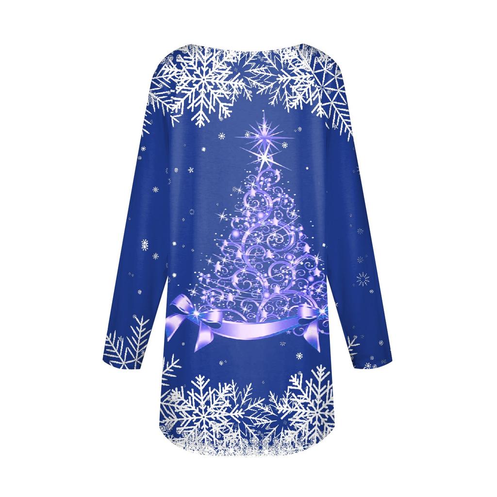 Женская модная повседневная футболка с рождественским принтом и длинным рукавом, круглый вырез, средний длинный топ