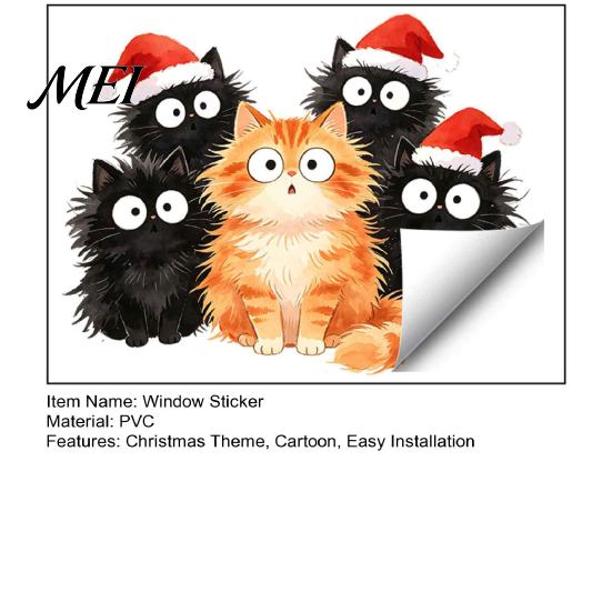 Indoor Outdoor Holiday Decor Christmas Window Cling, Cartoon Cats Sticker with Santa Hat, Removable Durable Sunproof Glass Stickers PVC Static