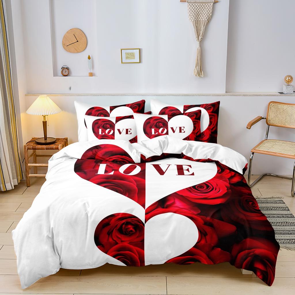 3Pcs Set Red Black Me And You Rose Letters Heart Pattern Printed Quilt Duvet Cover Bedding Set For All Season Bedroom Hotels