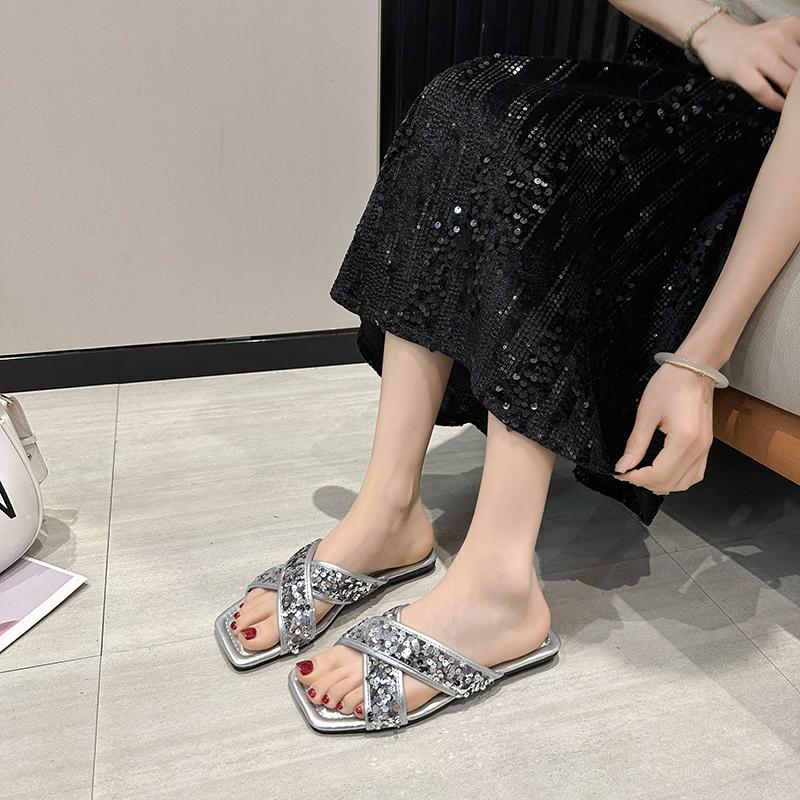 2024 Новые летние женские туфли с открытым носком, расшитые блестками, модные женские туфли на плоской подошве, однотонные, большого размера, повседневные женские пляжные тапочки