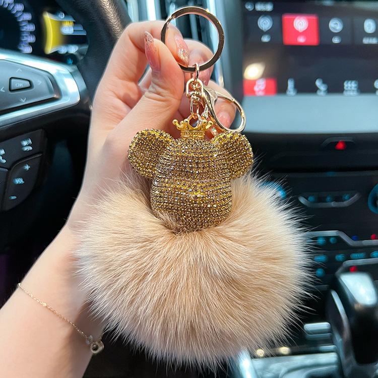 Luxurious Diamond-Studded Bear Keychain with Real Fox Fur - Stylish Accessory and Thoughtful Gift