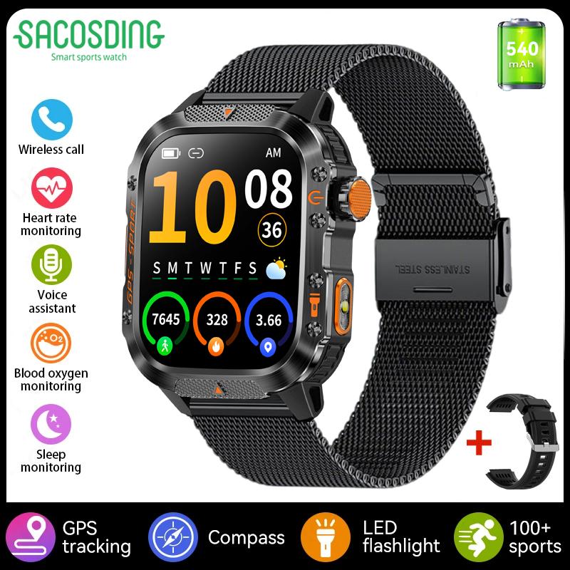 SACOSDING GPS Наручные смарт-часы для спорта с компасом, синий, Bluetooth-звонки, водонепроницаемые, фонарик, измерение пульса, напоминания о здоровье