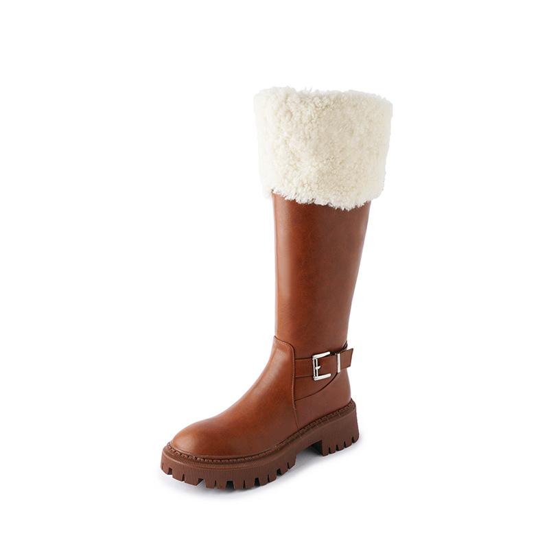 Leather Brown Thick-Soled High Tube Long Tube Cold-Resistant Leather Surface And Knee Long Snow Boots Women'S Winter Fleece Thickened Boots