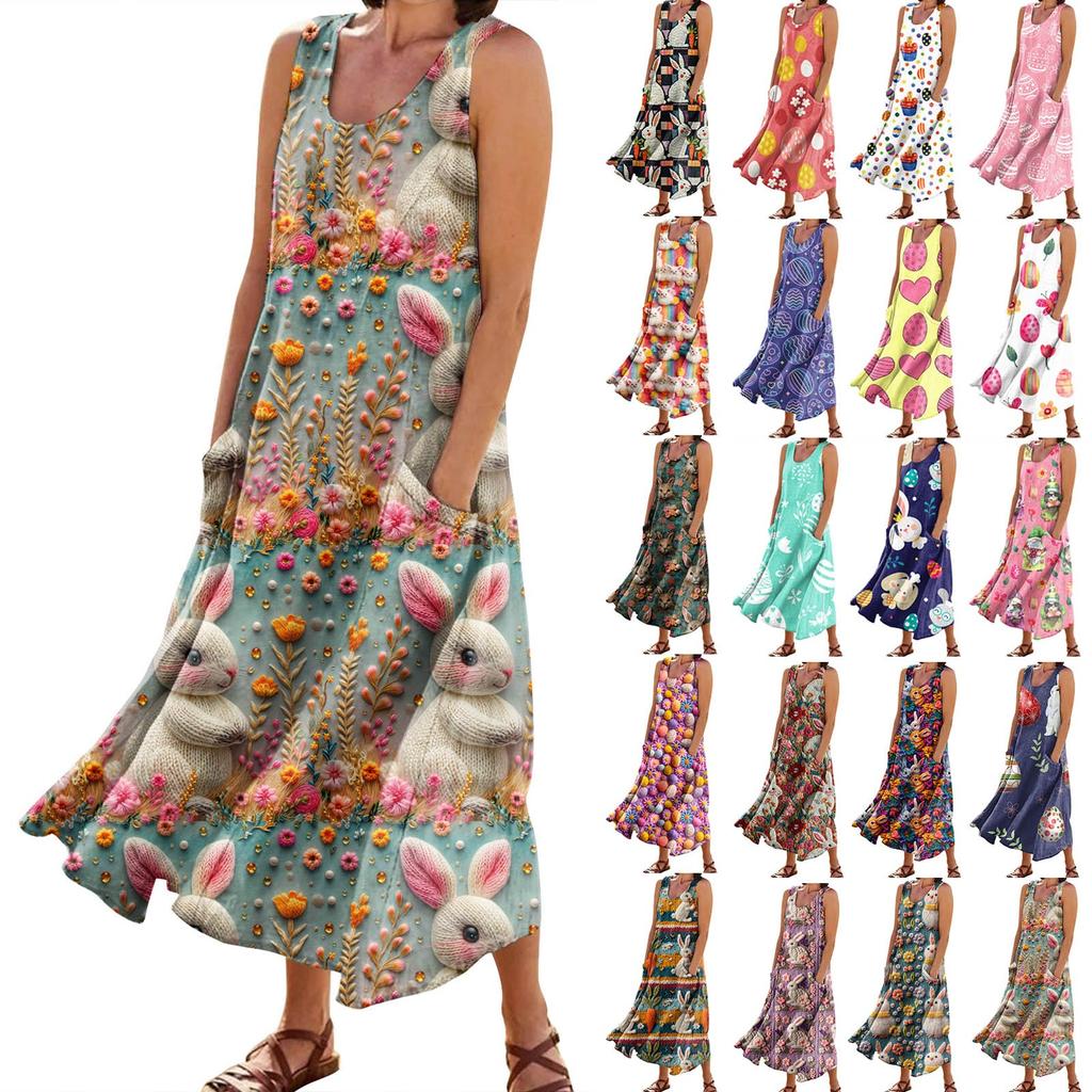 Women's Summer Casual Fashion Easter Printed Sleeveless Round Neck Pocket Dress