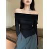 Autumn Retro One-word Shoulder Pullover Shows Thin Split Irregular New Thin Casual Knitted Sweater Top Women