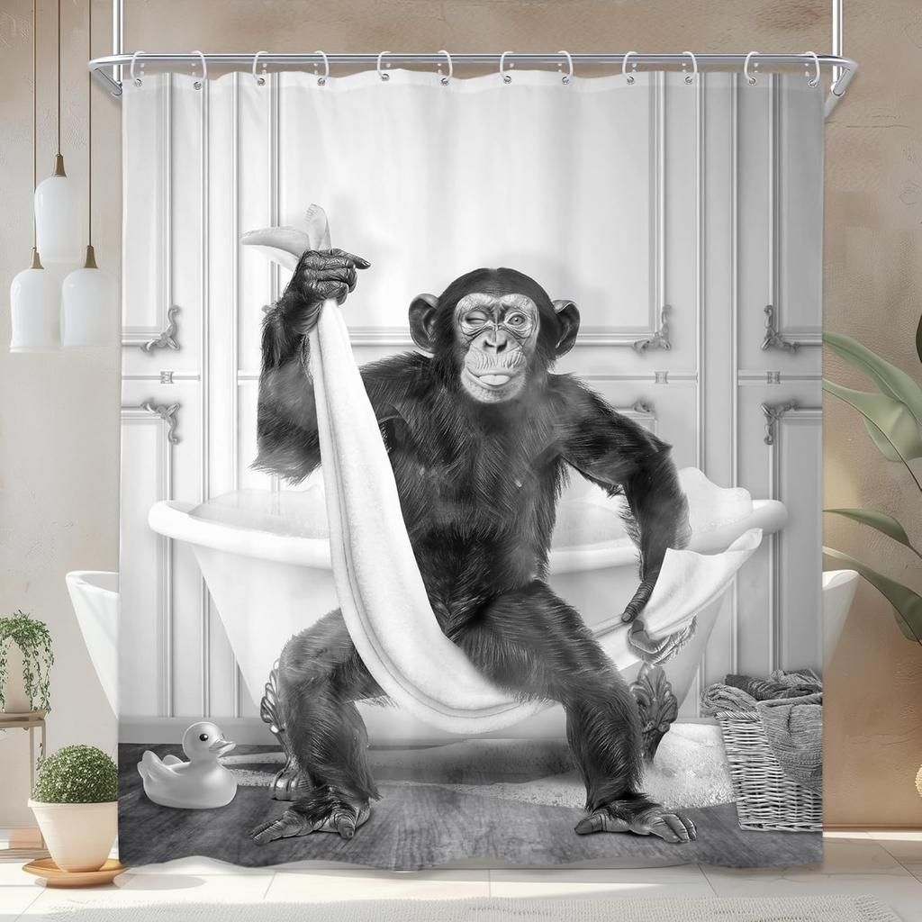 Забавная шторка для душа с обезьяной 60x72 дюйма Шимпанзе Черно-белое Животное Дикая природа Мальчики Мужчины Милый Современный набор для ванной Веселый Крутой